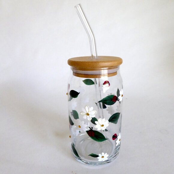 NEW 16oz HAND PAINTED DAISY FLOWER LADY BUGS BEJEWELED GLASS SIPPER W/ STRAW - Picture 4 of 13